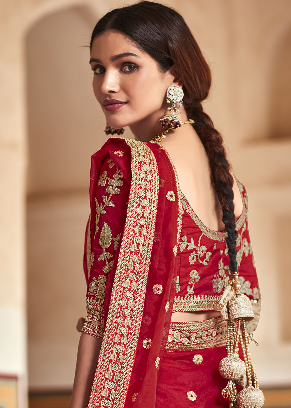 Candy Red Organza Saree with Zari, Sequins & Dori work