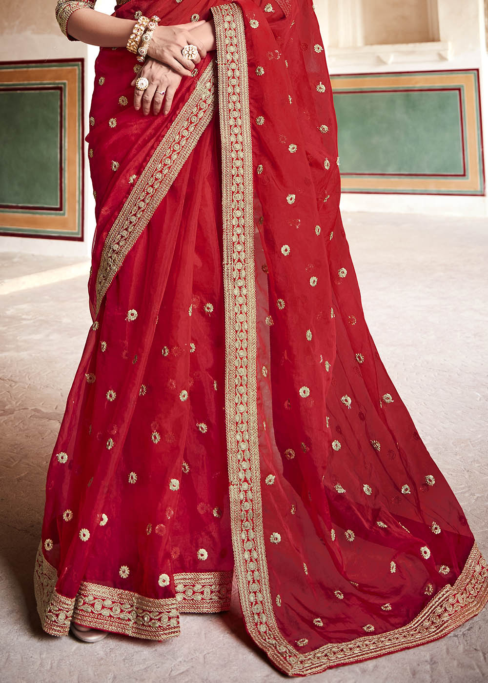 Candy Red Organza Saree with Zari, Sequins & Dori work