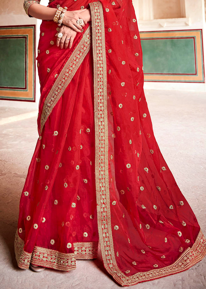 Candy Red Organza Saree with Zari, Sequins & Dori work