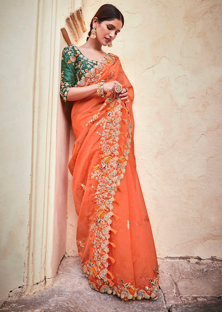 Blaze Orange Organza Silk Saree