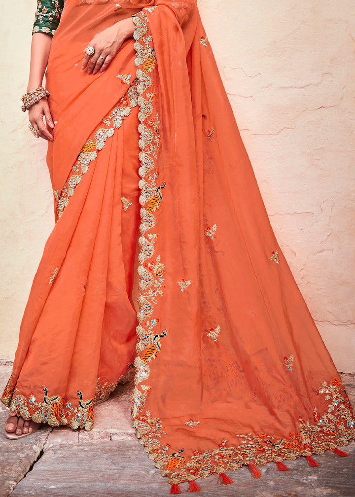 Blaze Orange Organza Silk Saree