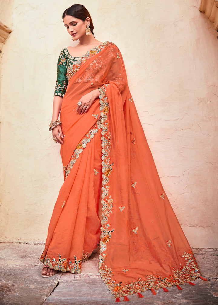 Blaze Orange Organza Silk Saree