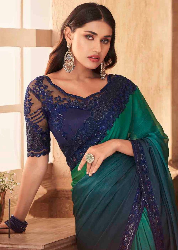 Blue & Green Designer Embroidered Satin Silk Saree with Sequence work