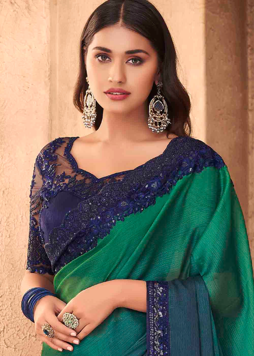 Blue & Green Designer Embroidered Satin Silk Saree with Sequence work