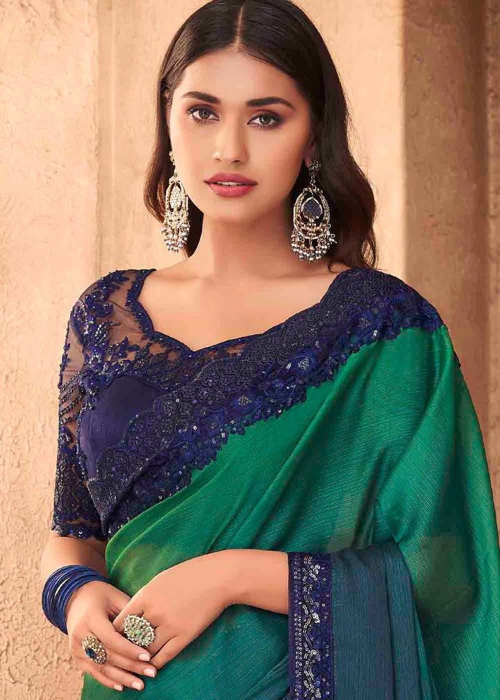 Blue & Green Designer Embroidered Satin Silk Saree with Sequence work