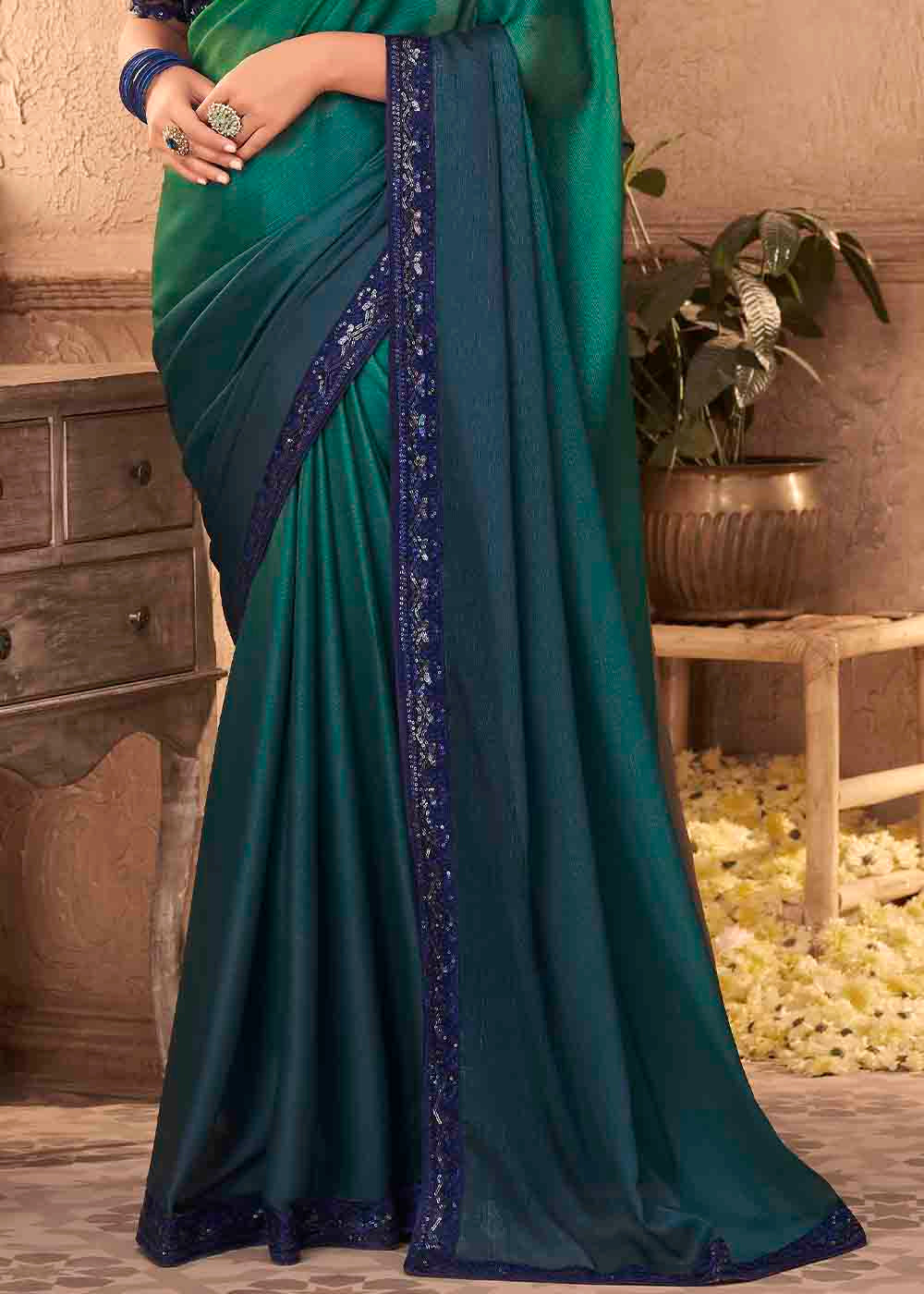 Blue & Green Designer Embroidered Satin Silk Saree with Sequence work