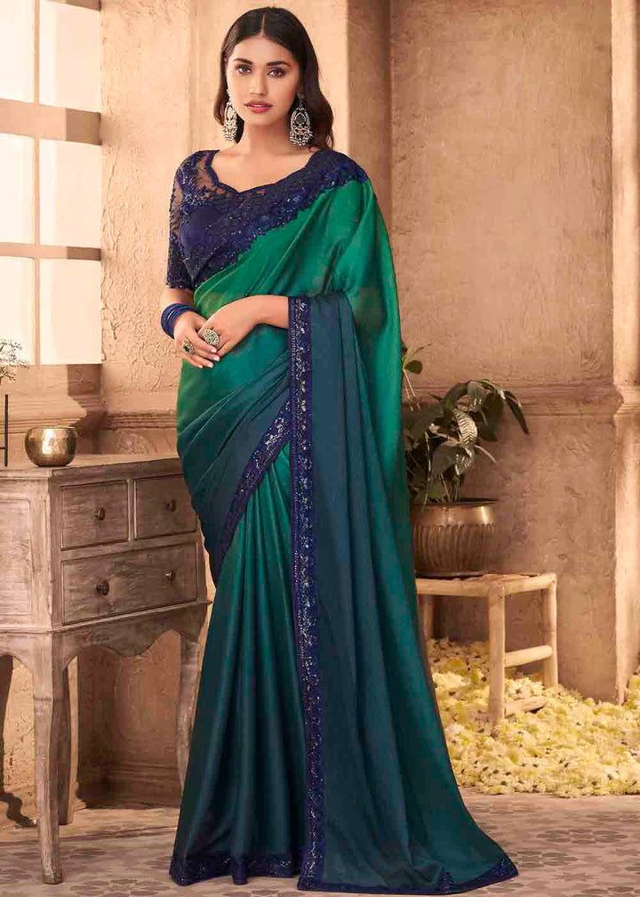 Blue & Green Designer Embroidered Satin Silk Saree with Sequence work