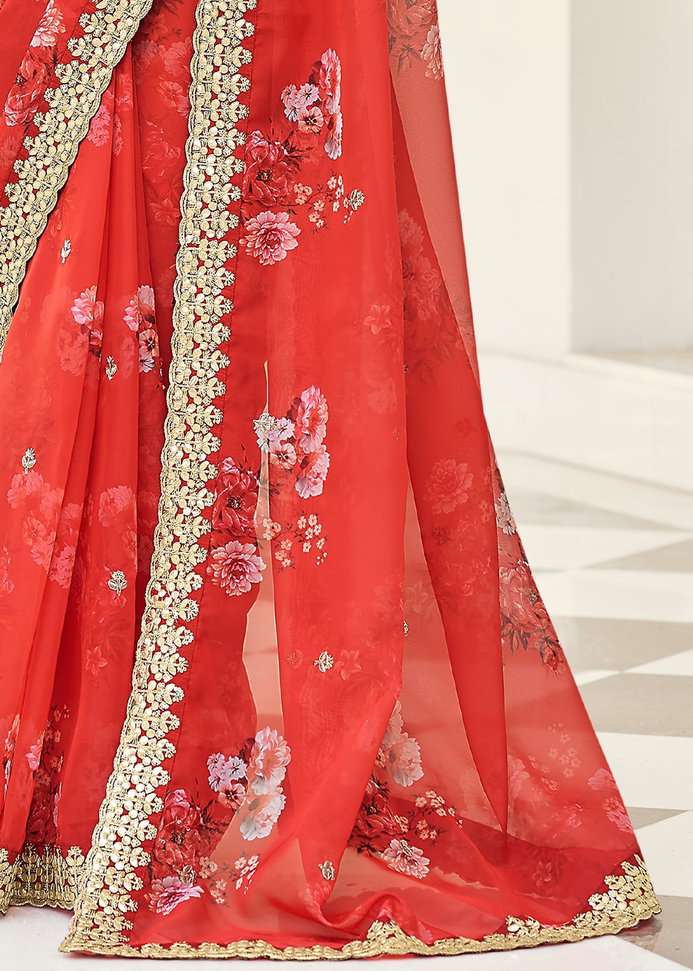 Rufous Red Designer Printed Organza Saree with Zari work