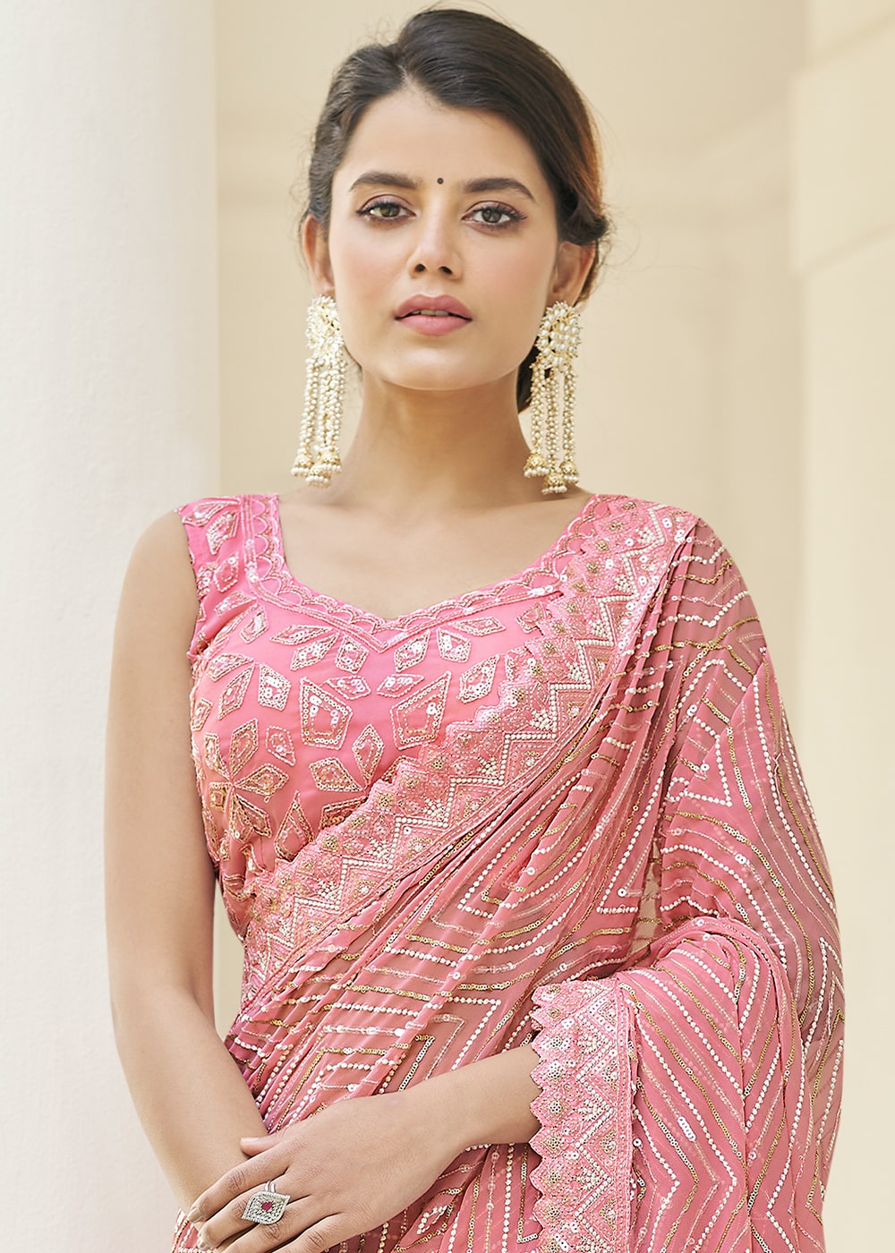Flamingo Pink Designer Georgette Saree