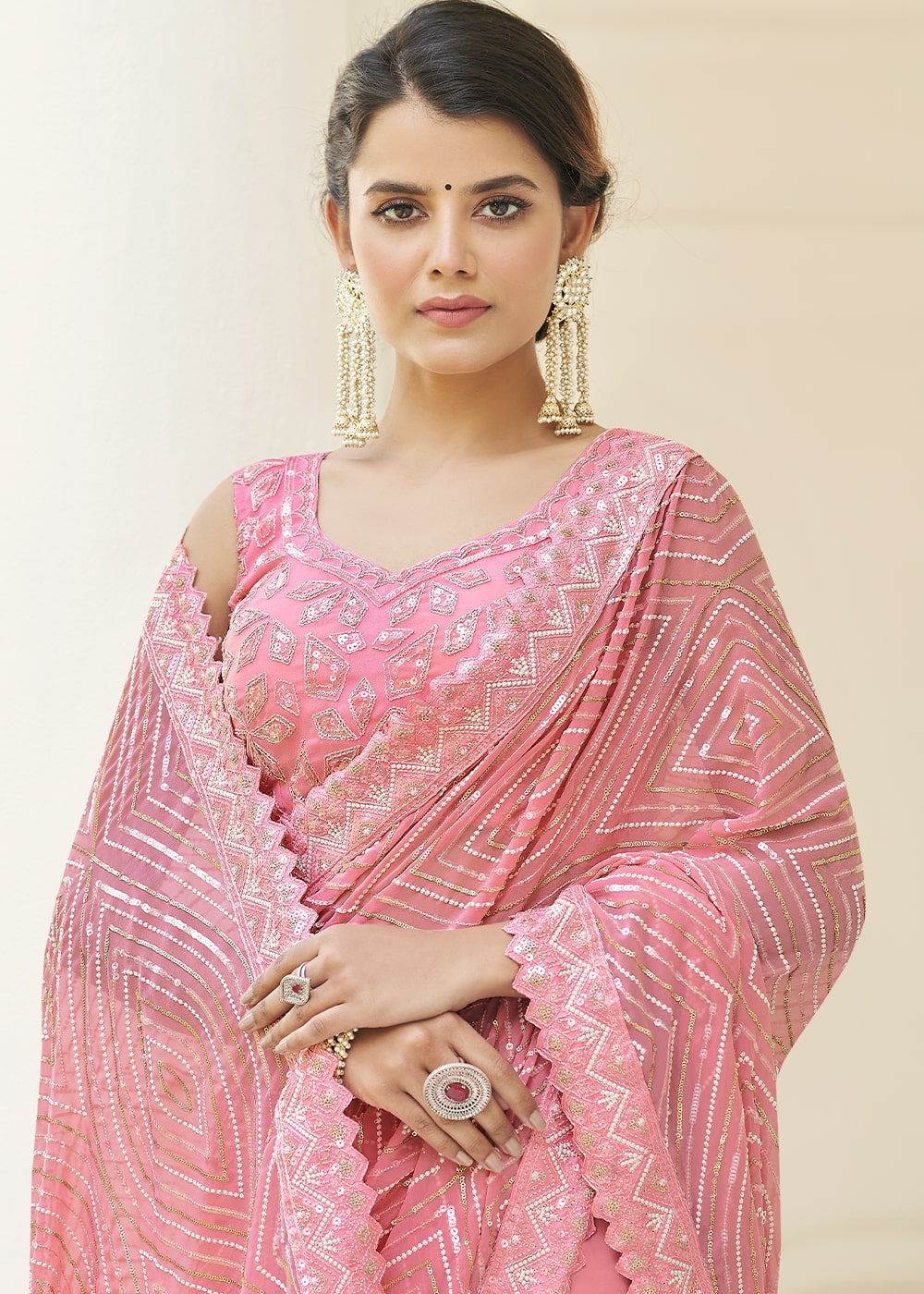 Flamingo Pink Designer Georgette Saree