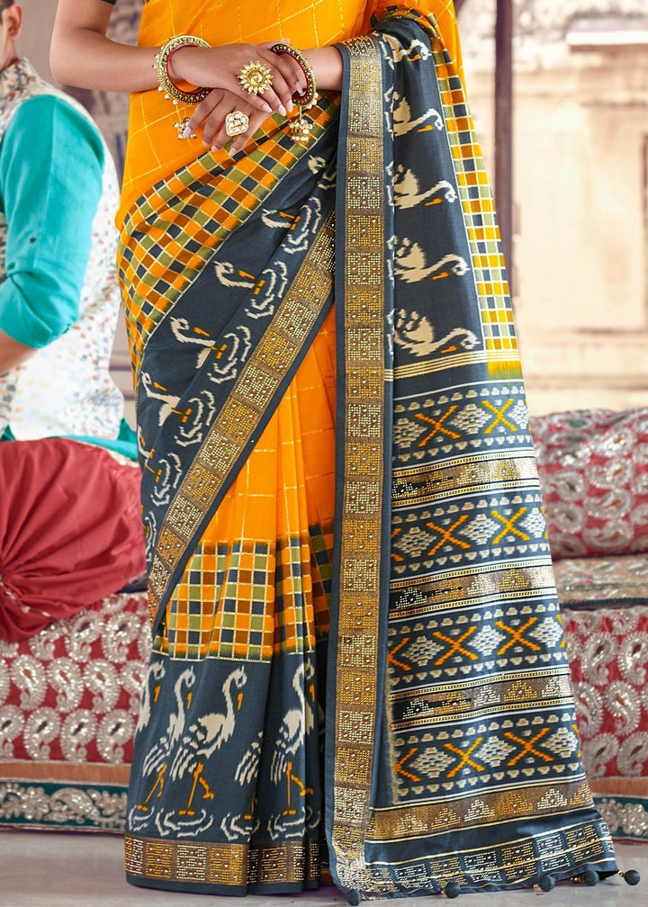 Tuscany Yellow & Grey Patola Silk Saree with Zari Border Pallu & Stone work