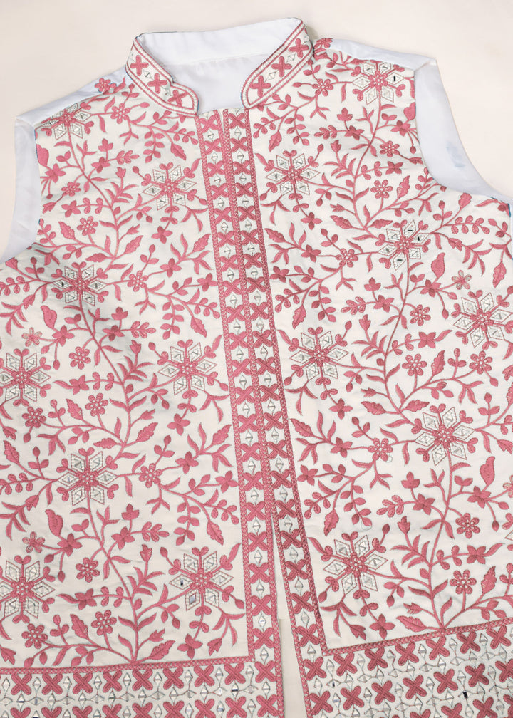 White Kurta And Pant With A Pink And White Embroidered Nehru Jacket