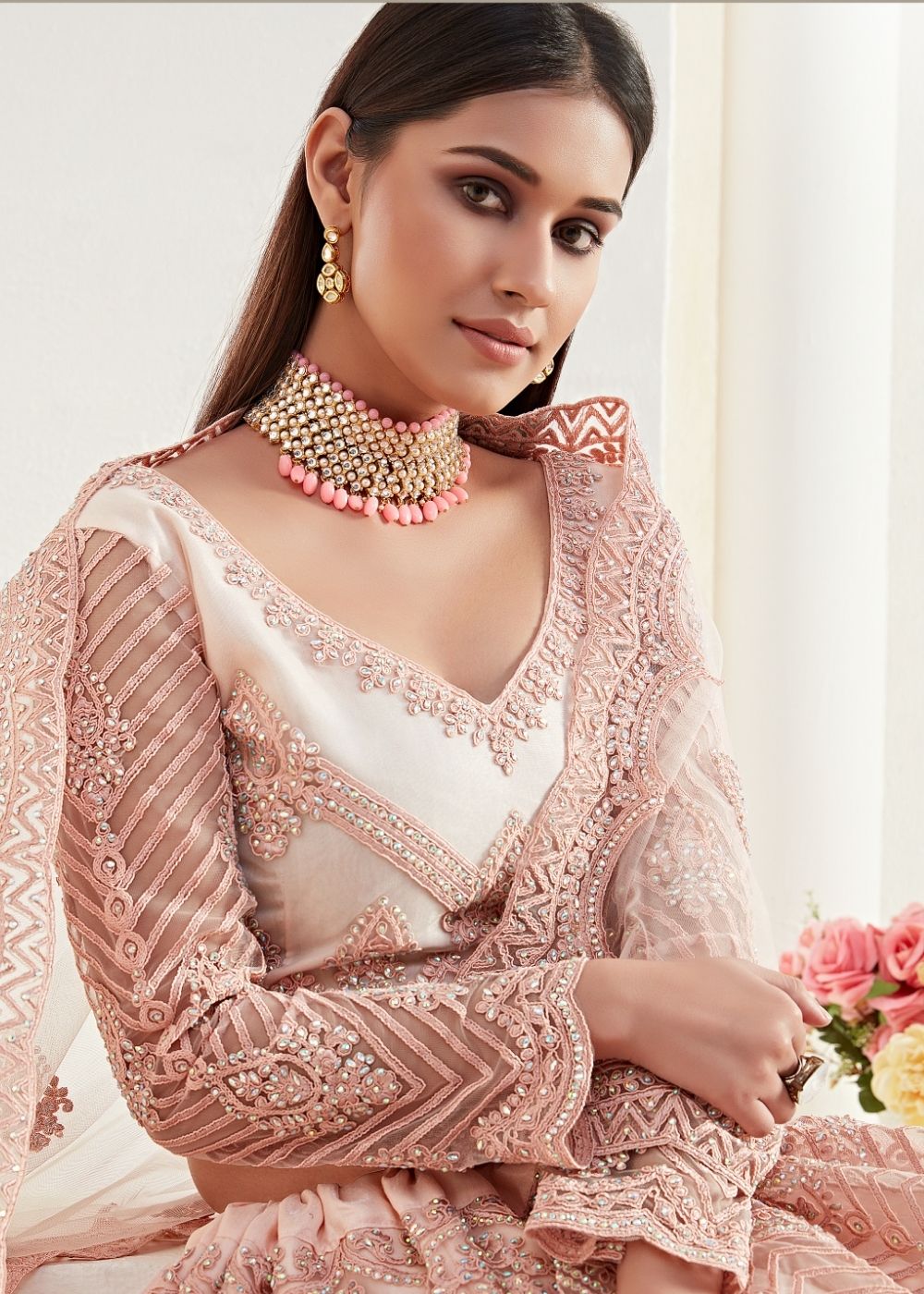 Peach Pink Soft Net Lehenga Choli with Coding Embroidery & Stonework