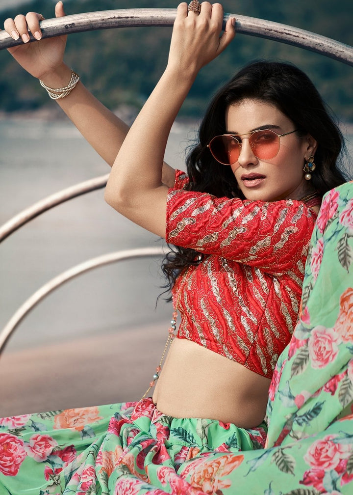 Teal Blue & Green Printed Organza Lehenga