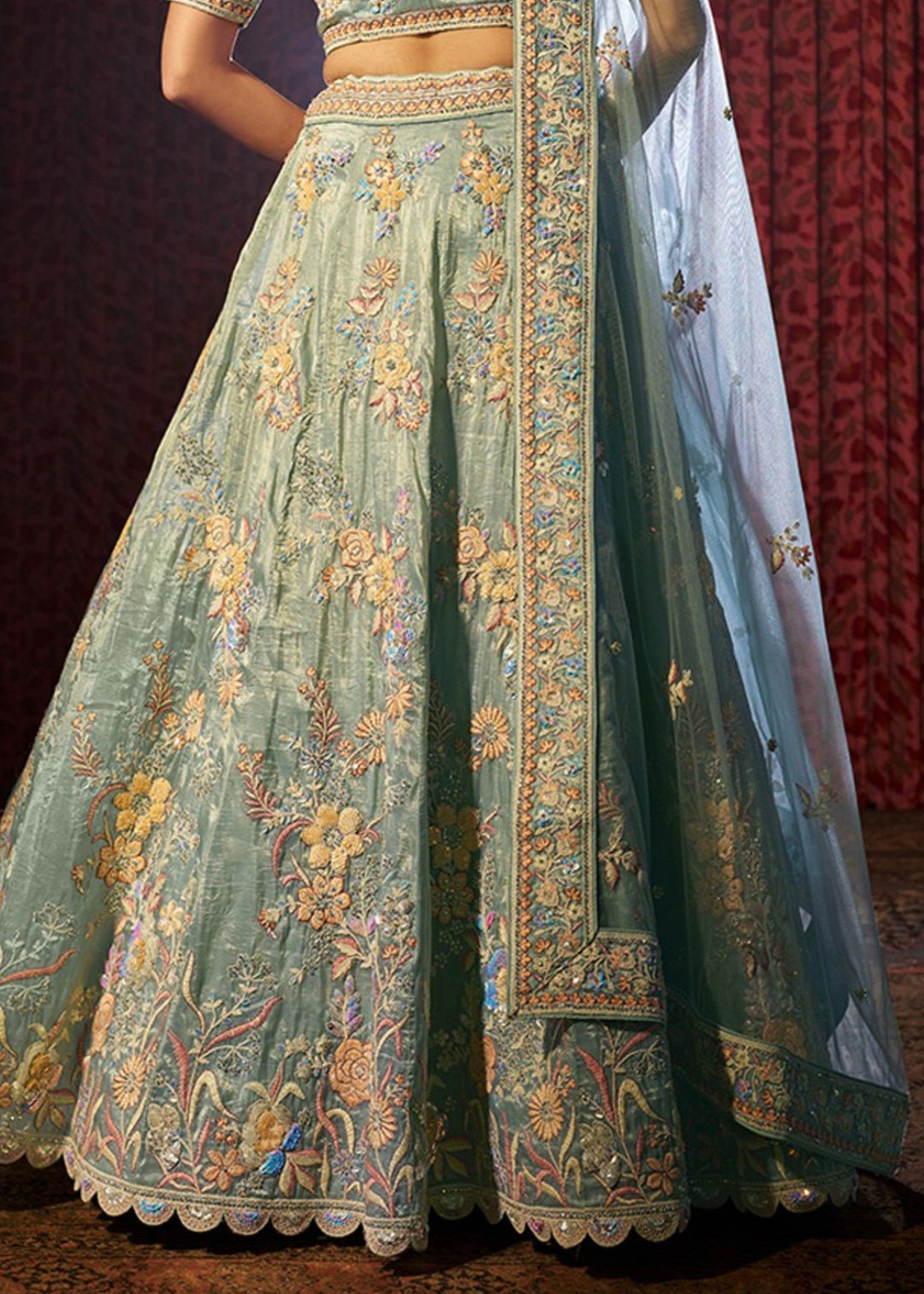 Torquise Dori Sequins Thread work Organza Lehenga