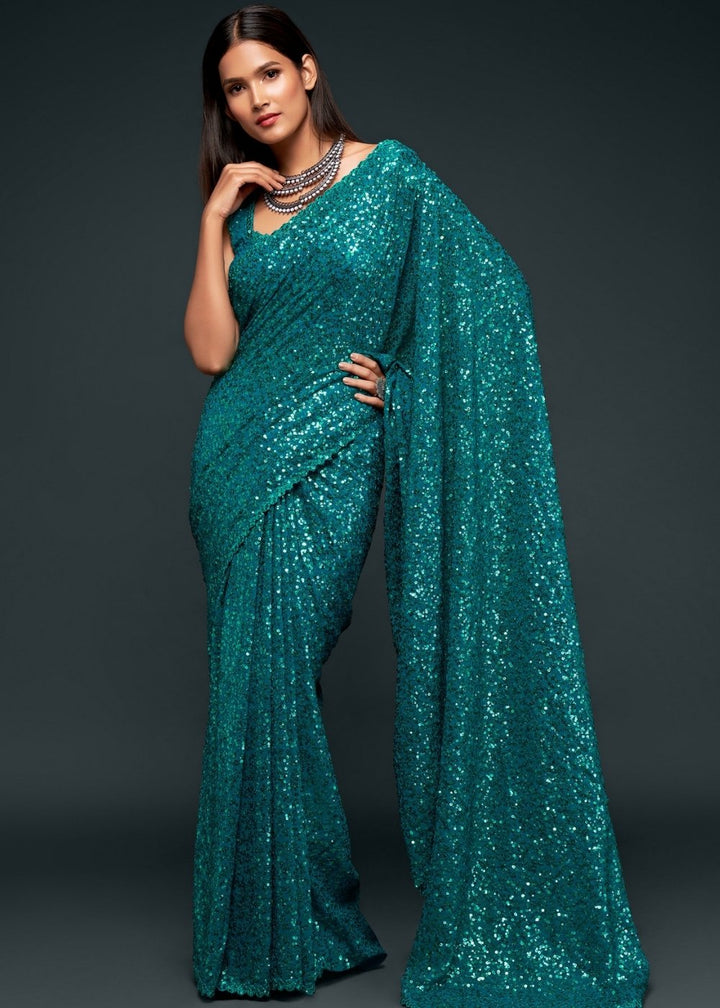 Dark Teal Blue Designer Georgette Saree