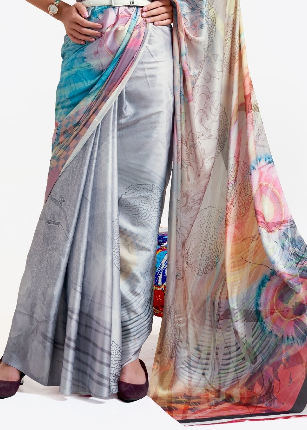 Silver Grey Printed Satin Crepe Saree
