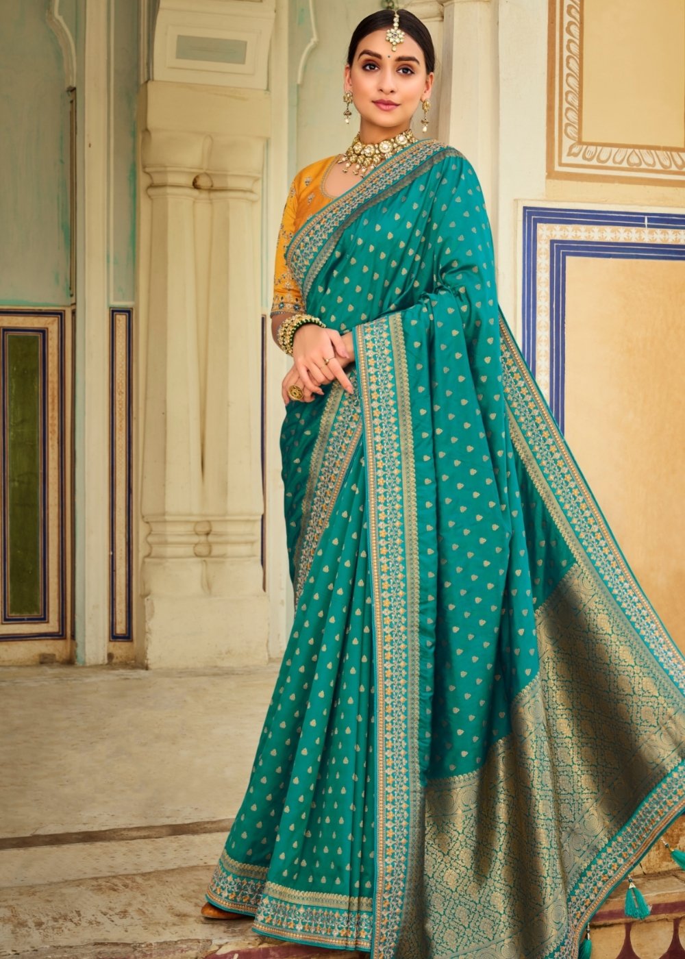 Turkish Blue Woven Banarasi Silk Saree with Embroidered Blouse
