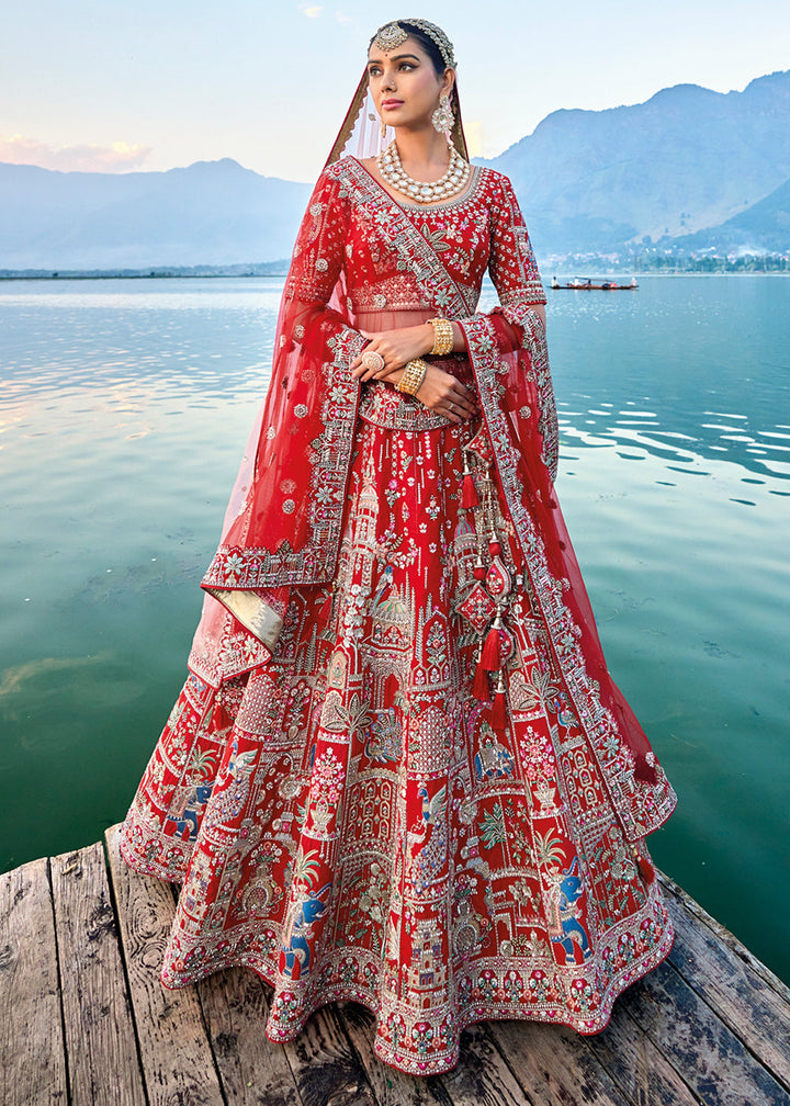 Carmine Red Banarasi Silk Bridal Lehenga Choli with Heavy Embroidery Work : Top Pick