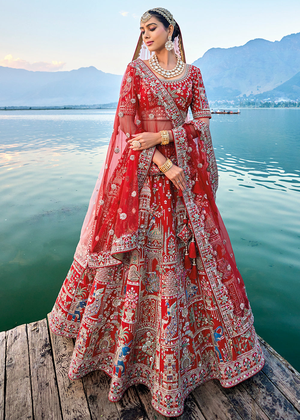 Carmine Red Banarasi Silk Bridal Lehenga Choli with Heavy Embroidery Work : Top Pick