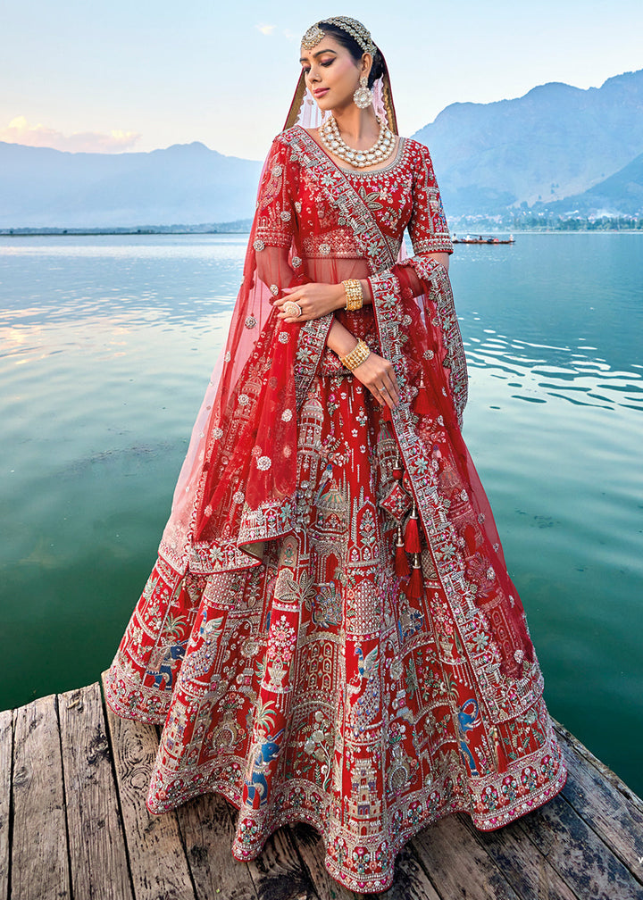 Carmine Red Banarasi Silk Bridal Lehenga Choli with Heavy Embroidery Work : Top Pick