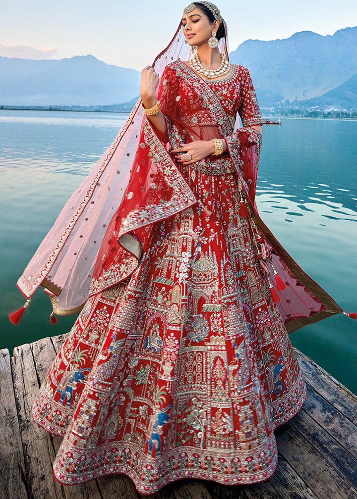 Carmine Red Banarasi Silk Bridal Lehenga Choli with Heavy Embroidery Work : Top Pick