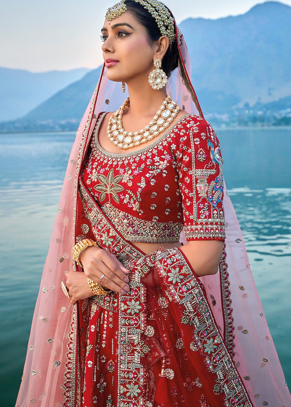 Carmine Red Banarasi Silk Bridal Lehenga Choli with Heavy Embroidery Work : Top Pick