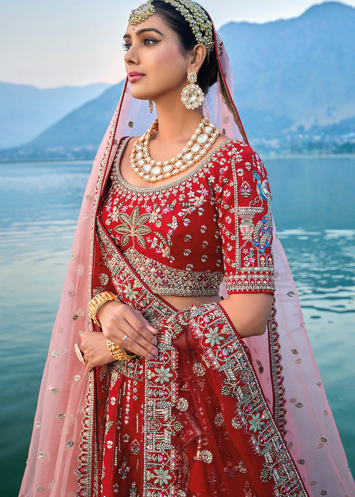 Carmine Red Banarasi Silk Bridal Lehenga Choli with Heavy Embroidery Work : Top Pick