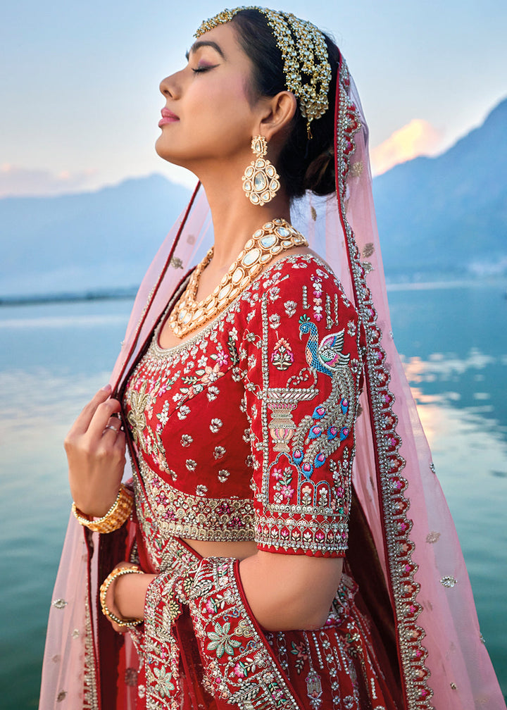 Carmine Red Banarasi Silk Bridal Lehenga Choli with Heavy Embroidery Work : Top Pick