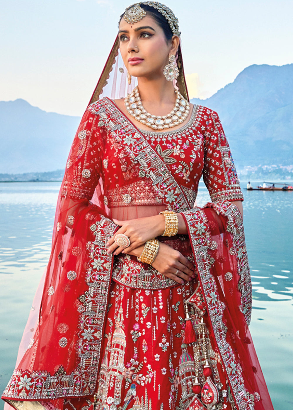 Carmine Red Banarasi Silk Bridal Lehenga Choli with Heavy Embroidery Work : Top Pick