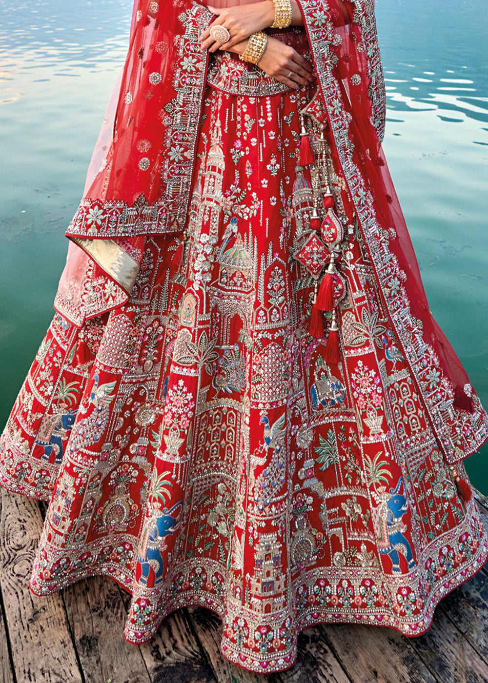 Carmine Red Banarasi Silk Bridal Lehenga Choli with Heavy Embroidery Work : Top Pick