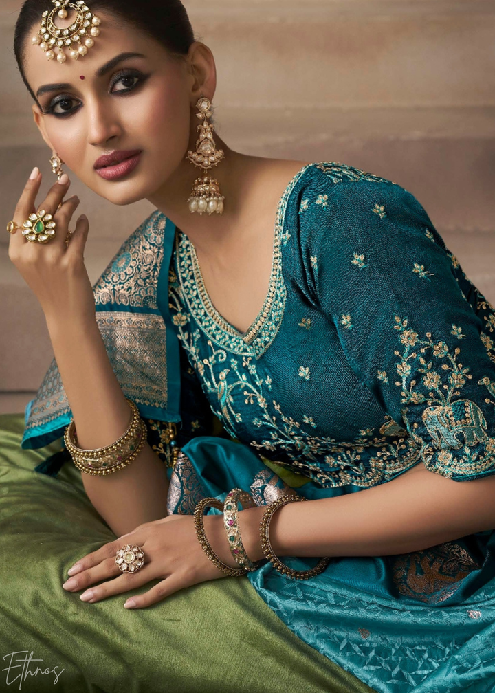 Aqua Blue Satin Silk Saree