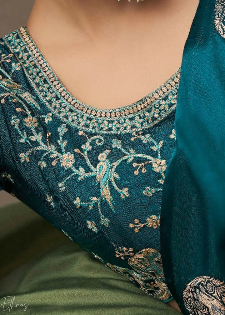 Aqua Blue Satin Silk Saree