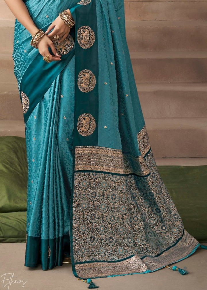 Aqua Blue Satin Silk Saree