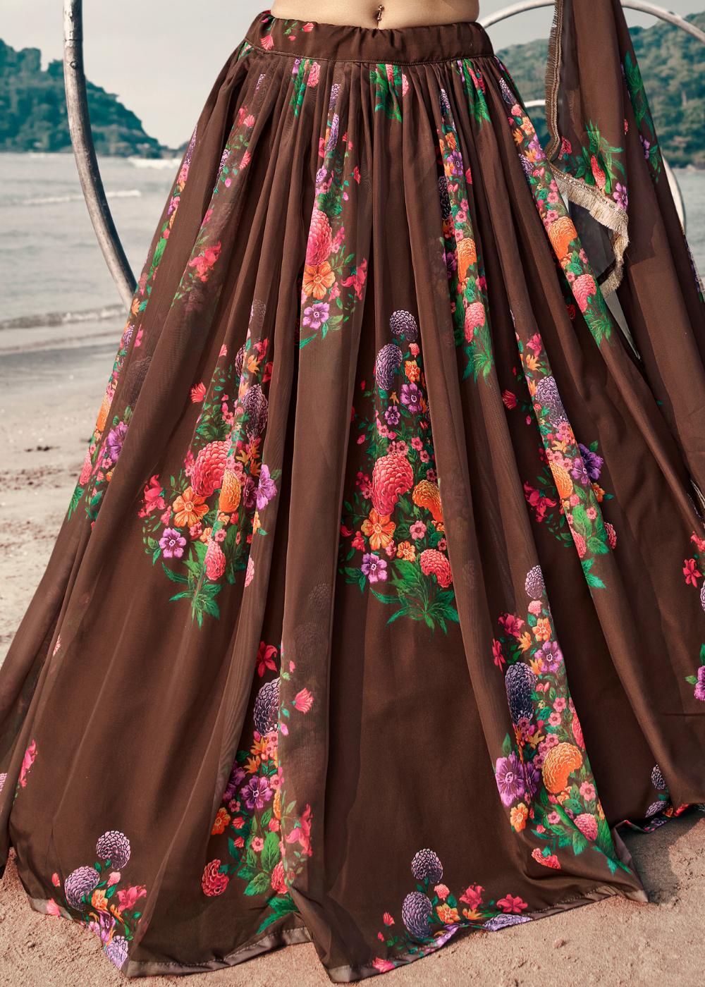 Chocolate Brown Designer Printed Organza Lehenga with Soft Net Dupatta