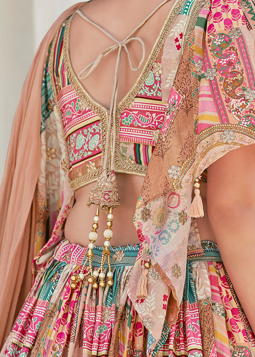 Beige Printed Embroidered Chinon Silk Lehenga