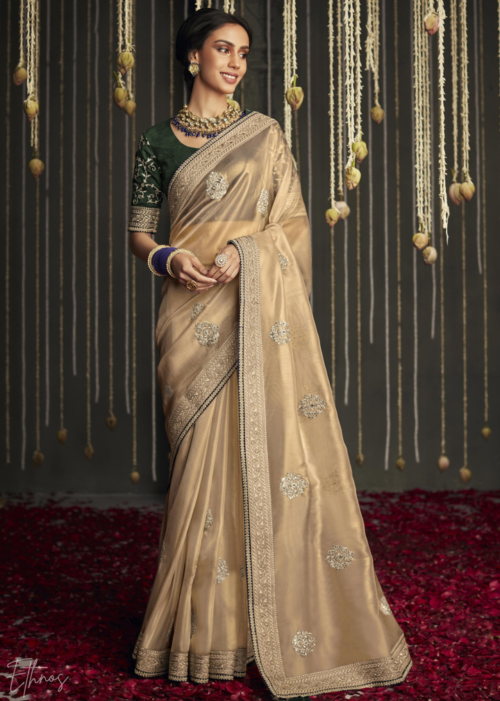 Beige Metallic Embroidered Organza Silk Saree