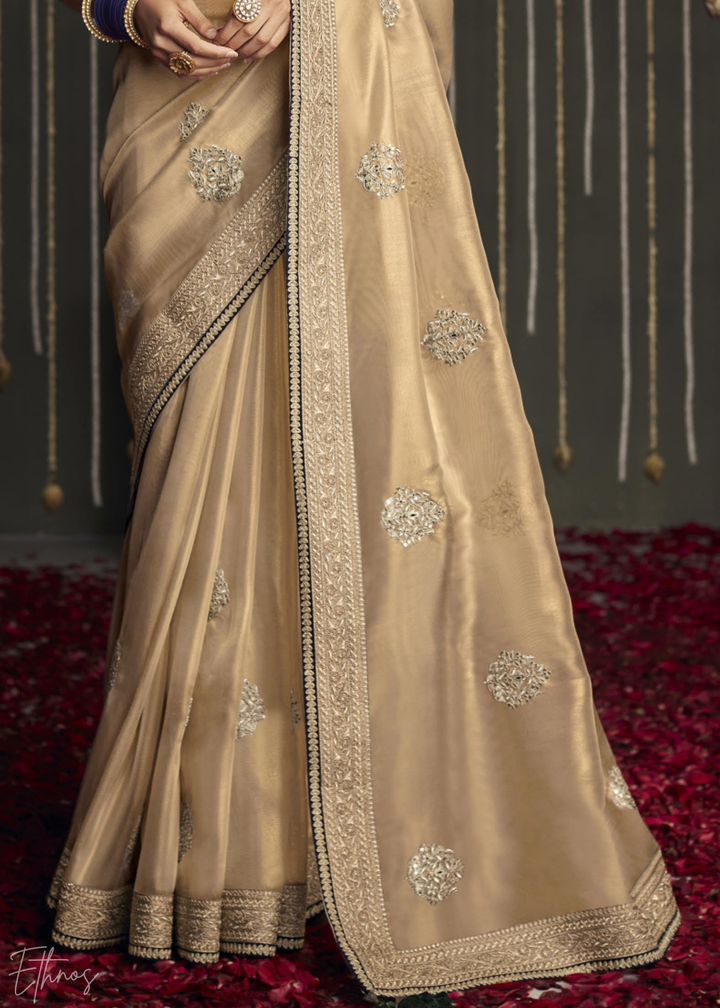 Beige Metallic Embroidered Organza Silk Saree