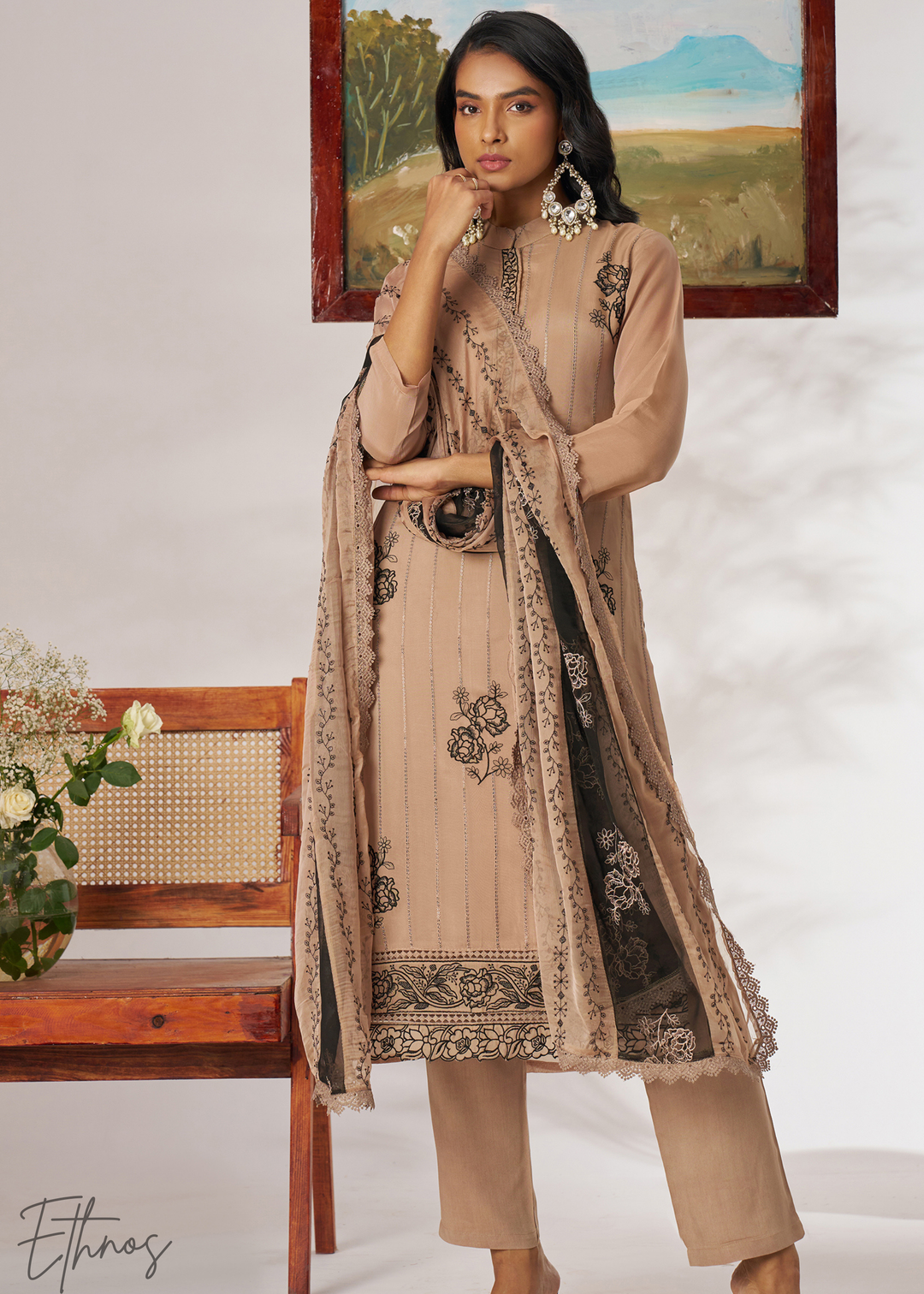 Beige Organza Palazzo Salwar Suit
