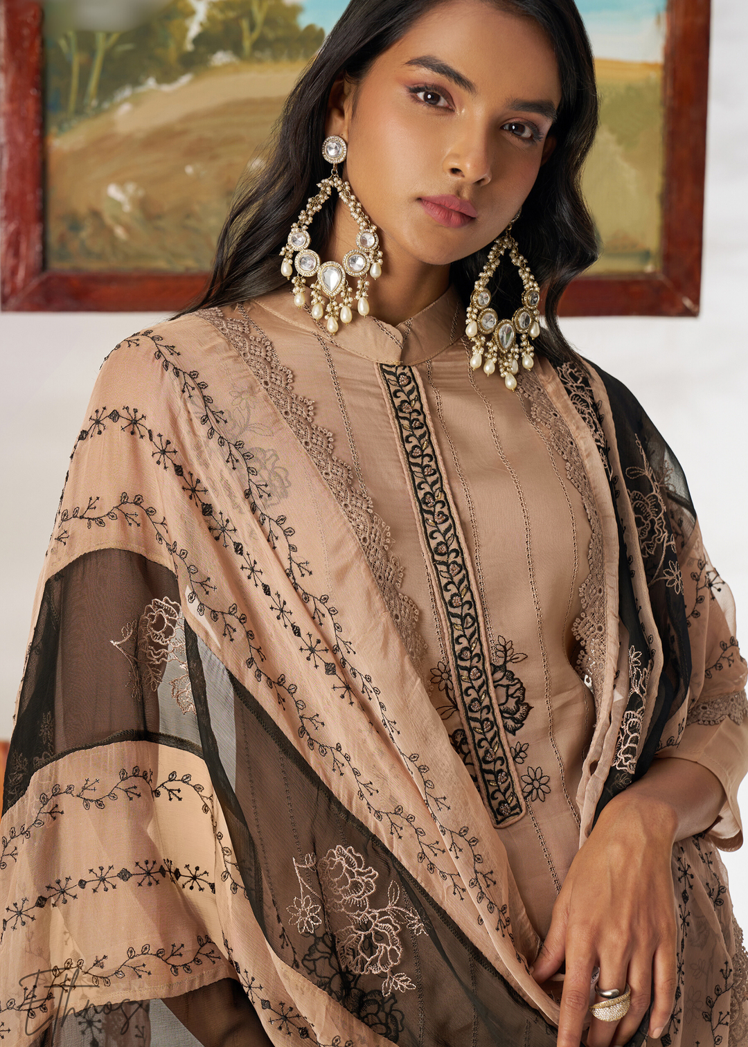 Beige Organza Palazzo Salwar Suit