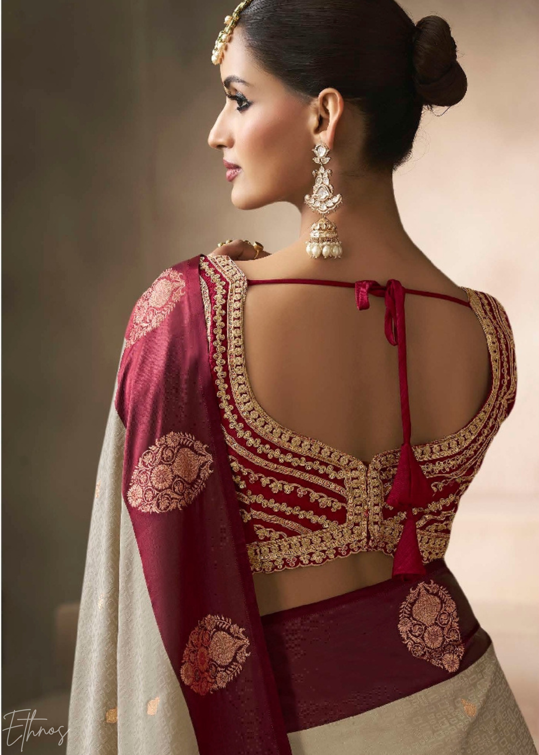 Beige & Wine Satin Silk Saree