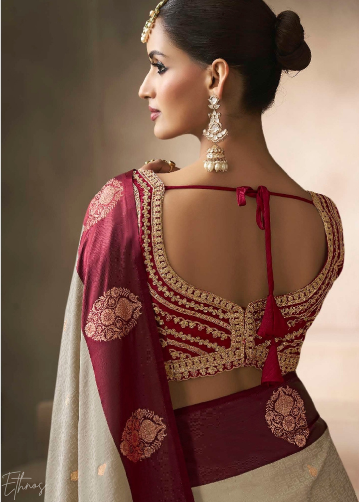 Beige & Wine Satin Silk Saree