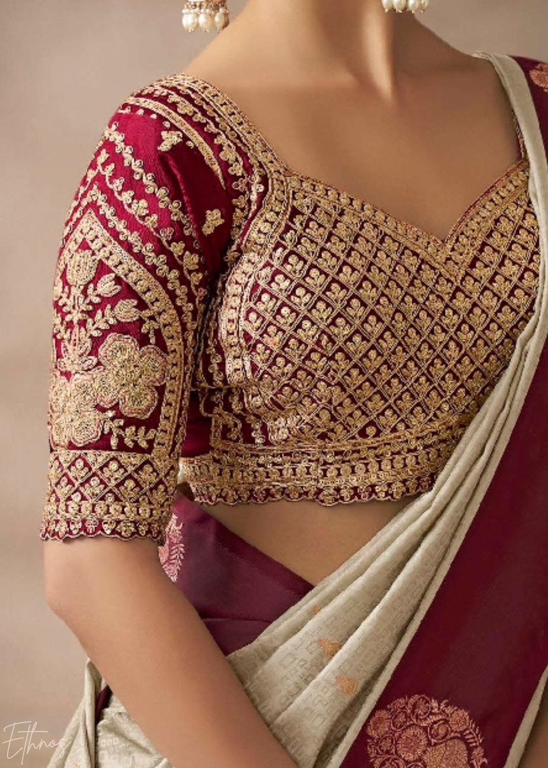 Beige & Wine Satin Silk Saree