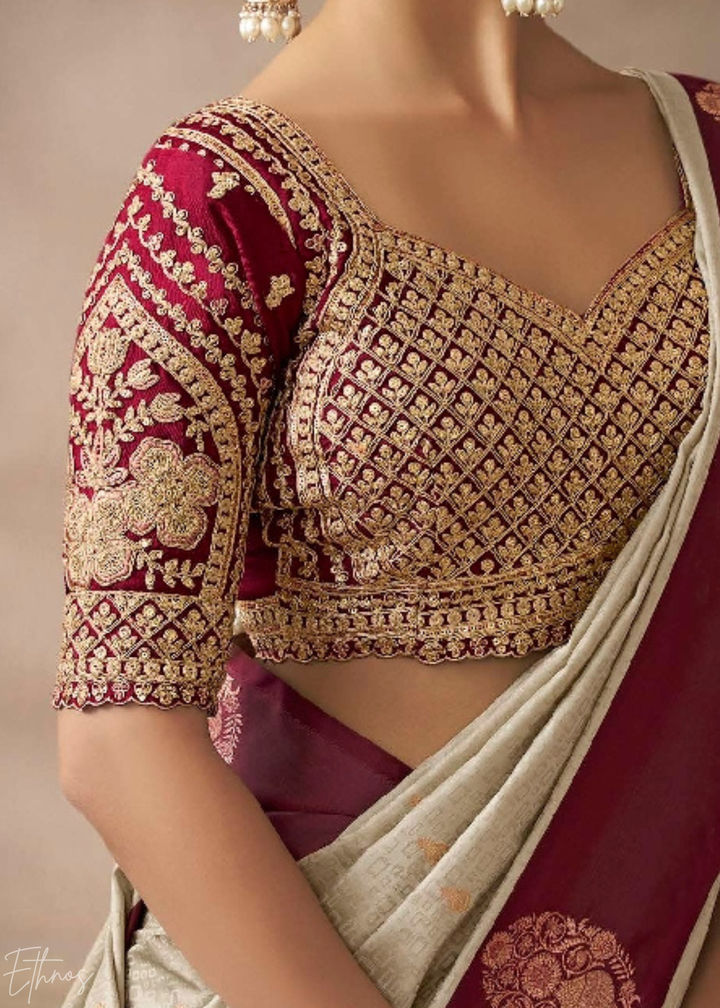 Beige & Wine Satin Silk Saree