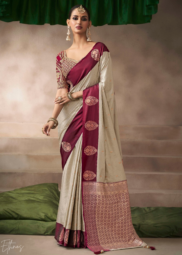 Beige & Wine Satin Silk Saree