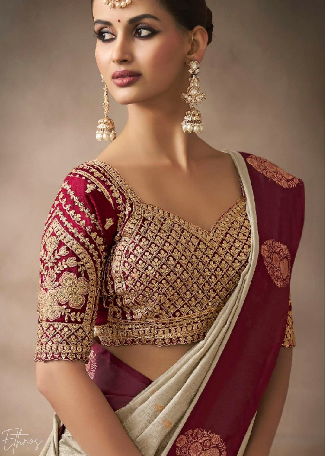 Beige & Wine Satin Silk Saree