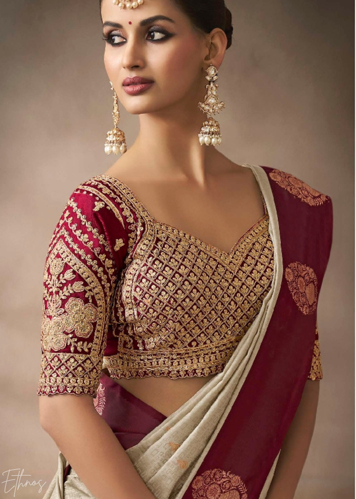 Beige & Wine Satin Silk Saree
