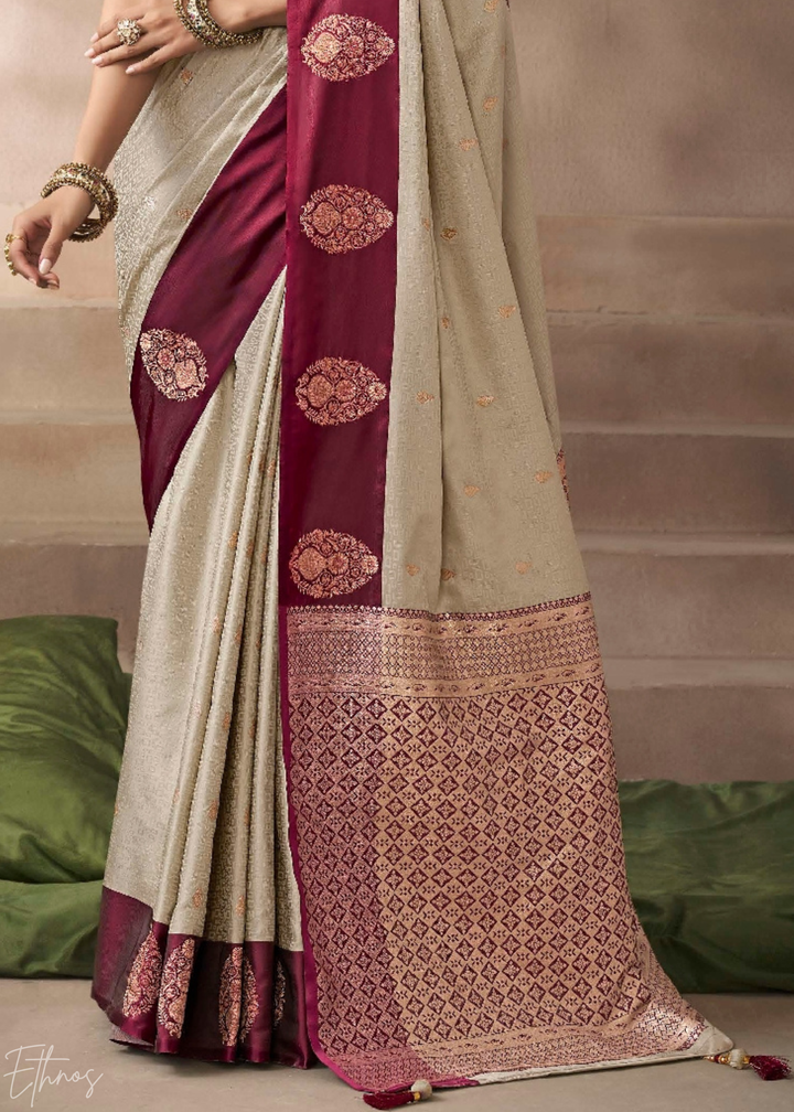 Beige & Wine Satin Silk Saree
