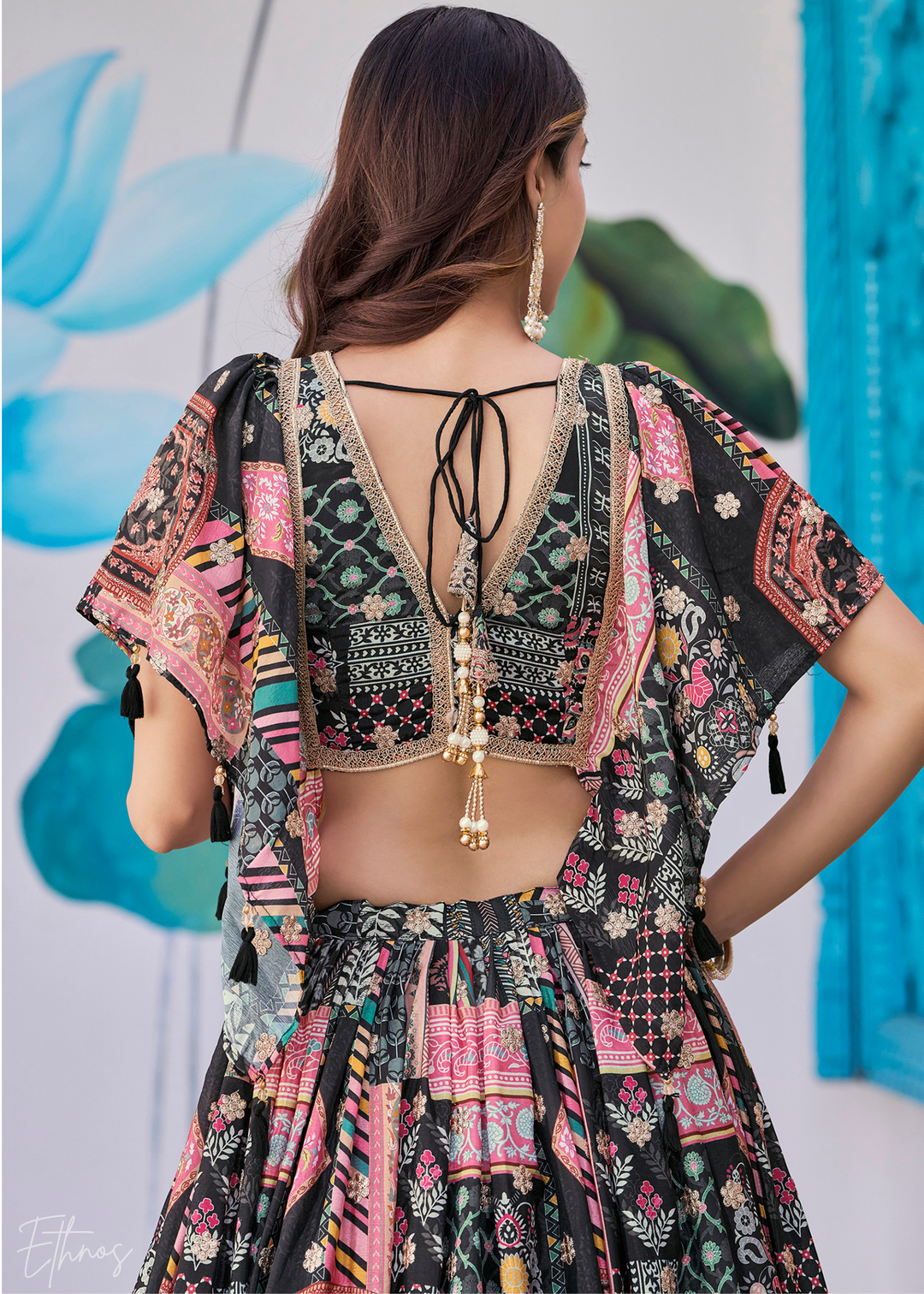 Black Printed Embroidered Chinon Silk Lehenga