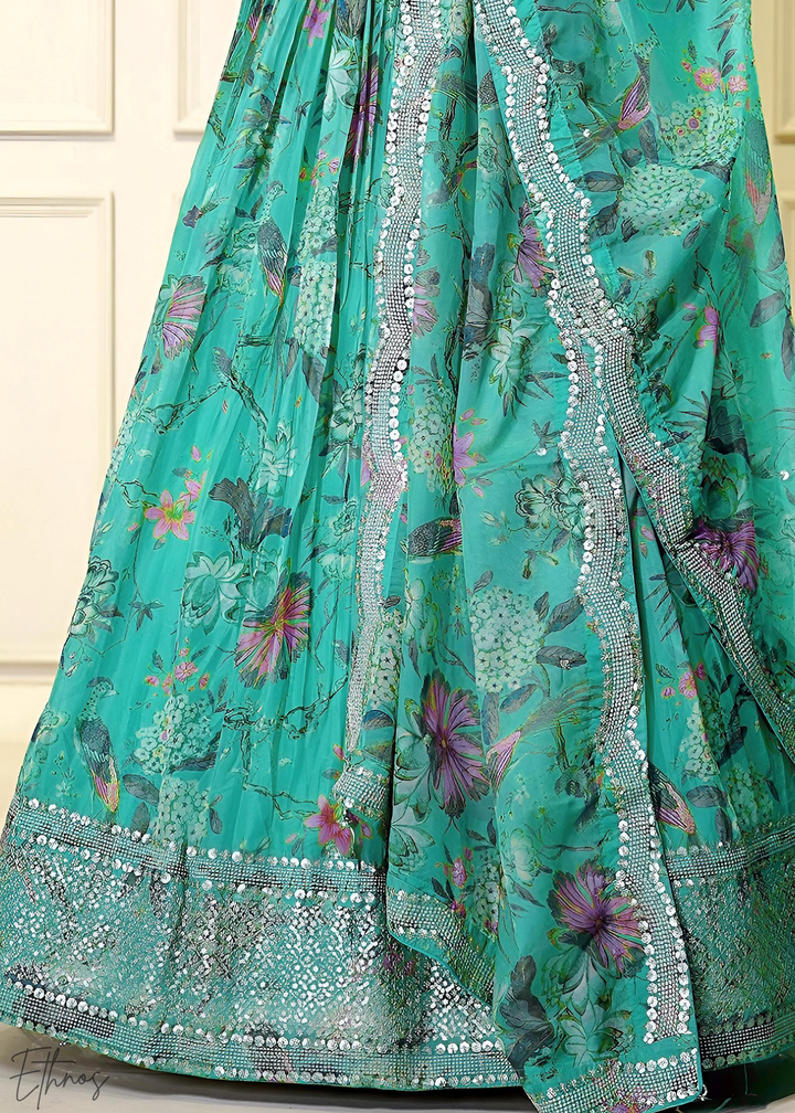 Blue Botanical Bloom Organza Lehenga